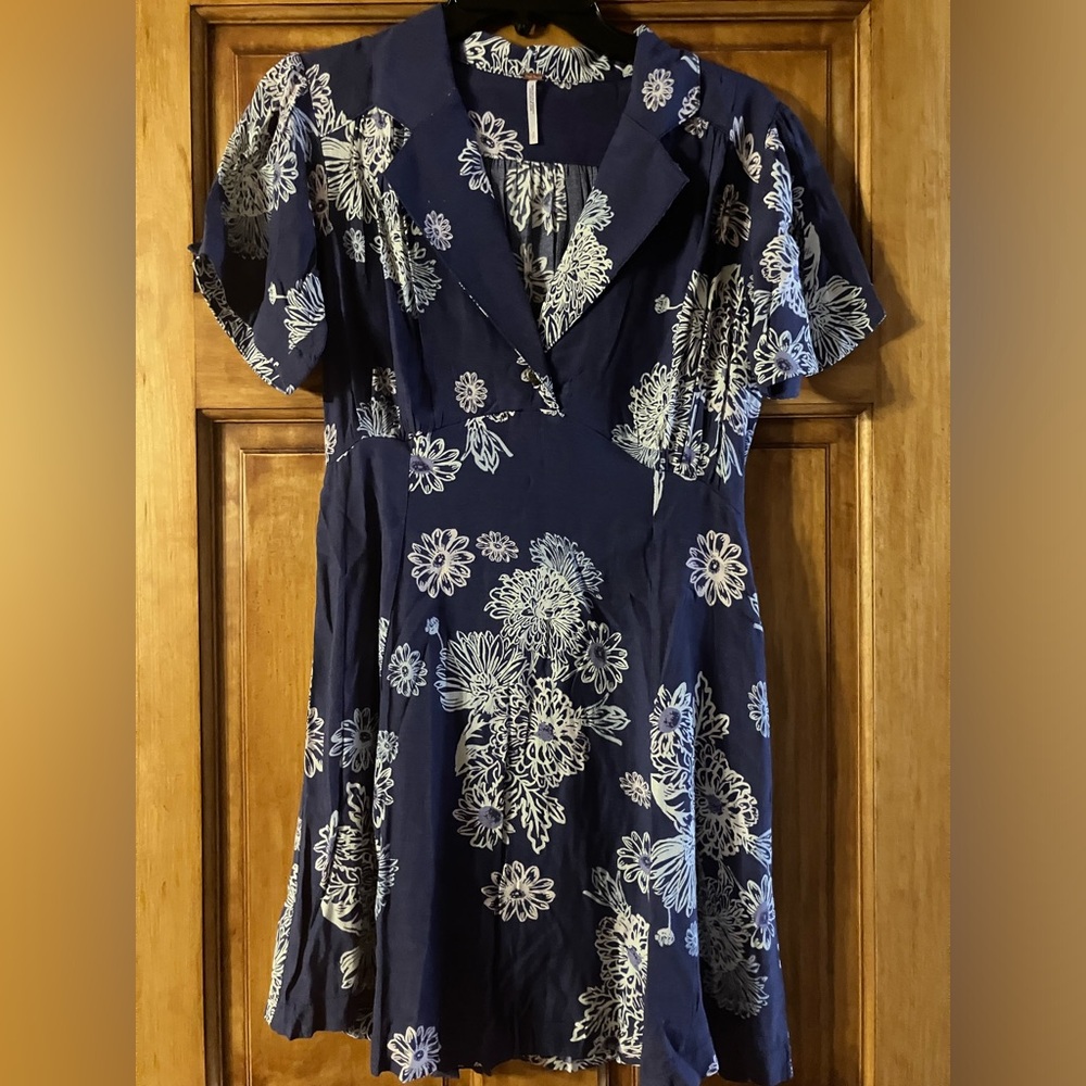Free People Blue and White Fit and Flare Mini Dress with Short Sleeves
